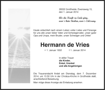 Traueranzeige von Hermann de Vries von Ostfriesischer Kurier