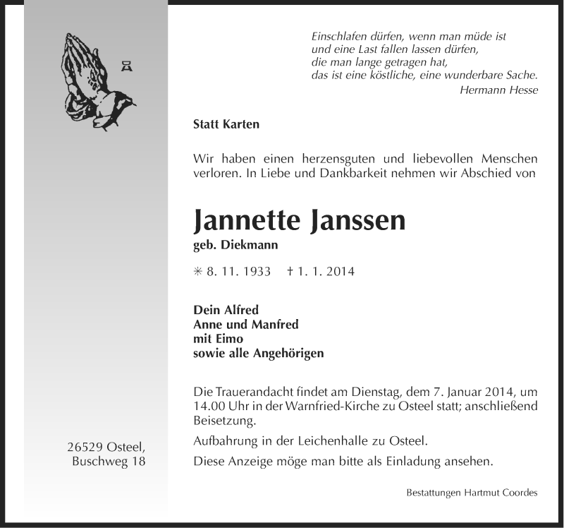  Traueranzeige für Jannette Janssen vom 03.01.2014 aus Ostfriesischer Kurier