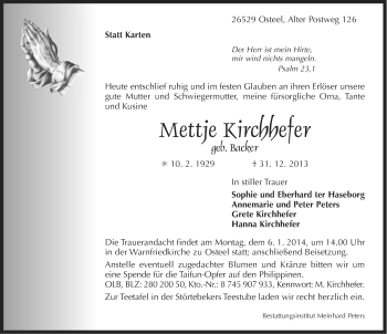 Traueranzeige von Mettje Kirchhefer von Ostfriesischer Kurier