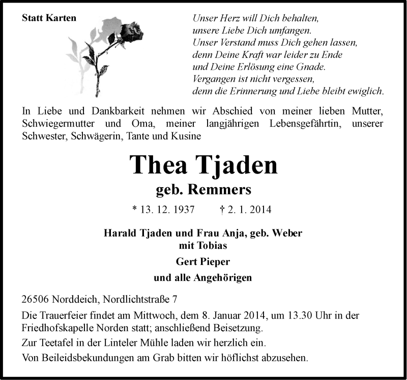  Traueranzeige für Thea Tjaden vom 04.01.2014 aus Ostfriesischer Kurier