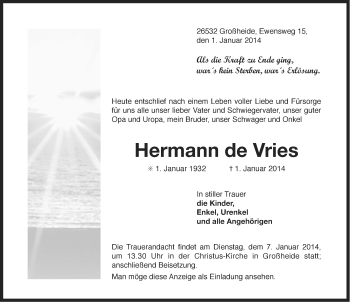 Traueranzeige von Hermann de Vries von Ostfriesischer Kurier