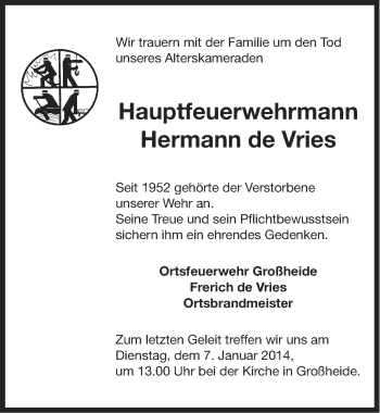 Traueranzeige von Hermann de Vries von Ostfriesischer Kurier