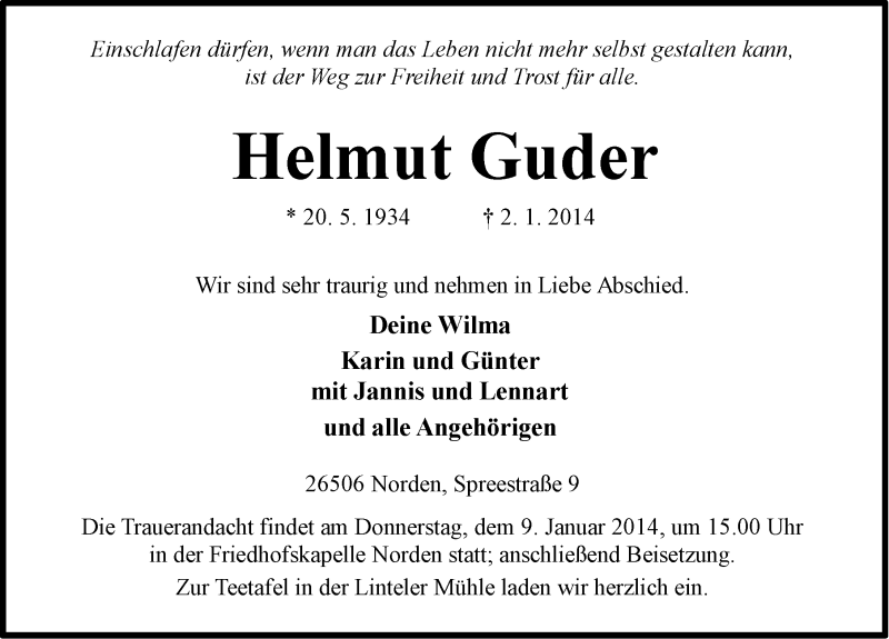  Traueranzeige für Helmut Guder vom 04.01.2014 aus Ostfriesischer Kurier