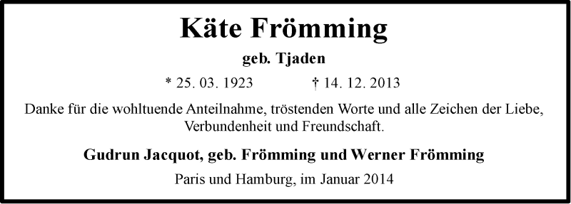  Traueranzeige für Käte Frömming vom 11.01.2014 aus Ostfriesischer Kurier