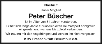 Traueranzeige von Peter Büscher von Ostfriesischer Kurier
