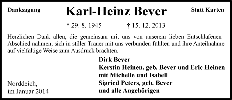  Traueranzeige für Karl-Heinz Bever vom 11.01.2014 aus Ostfriesischer Kurier