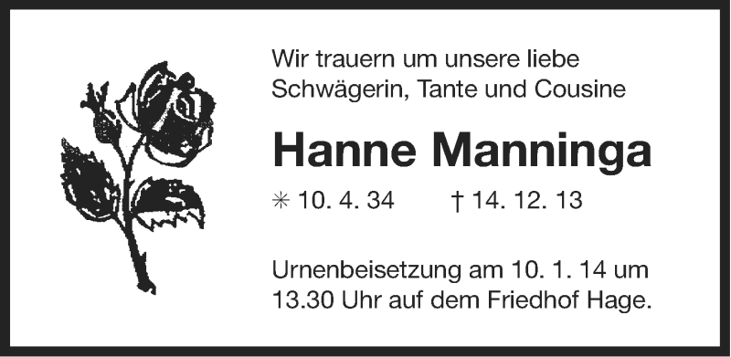  Traueranzeige für Hanne Manninga vom 09.01.2014 aus Ostfriesischer Kurier