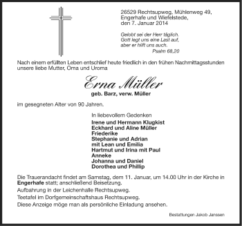 Traueranzeige von Erna Müller von Ostfriesischer Kurier