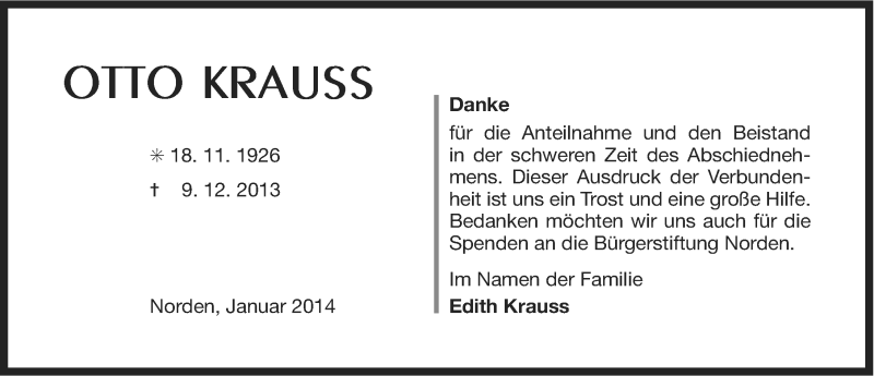  Traueranzeige für Otto Krauss vom 11.01.2014 aus Ostfriesischer Kurier
