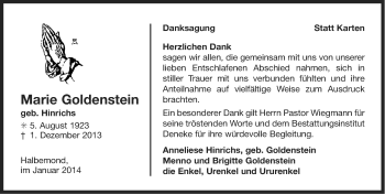 Traueranzeige von Marie Goldenstein von Ostfriesischer Kurier