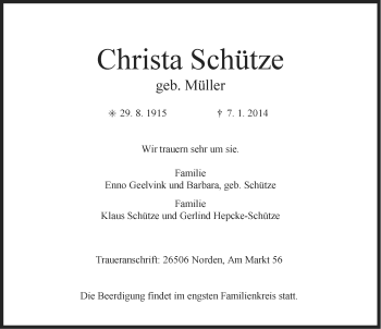 Traueranzeige von Christa Schütze von Ostfriesischer Kurier