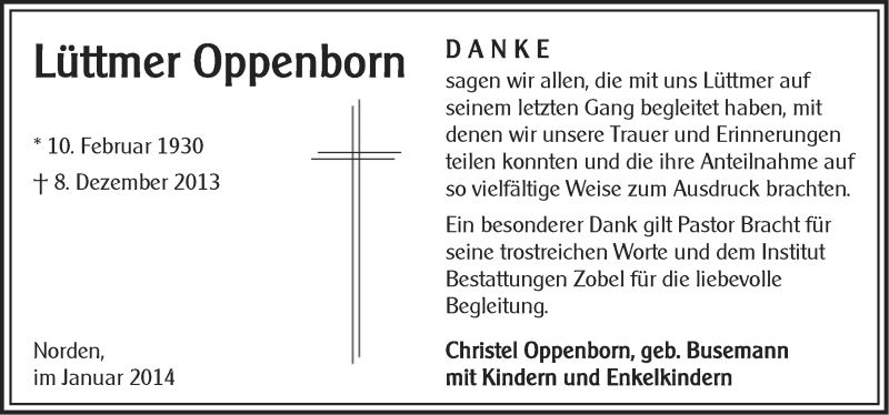  Traueranzeige für Lüttmer Oppenborn vom 11.01.2014 aus Ostfriesischer Kurier