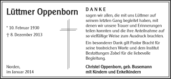Traueranzeige von Lüttmer Oppenborn von Ostfriesischer Kurier