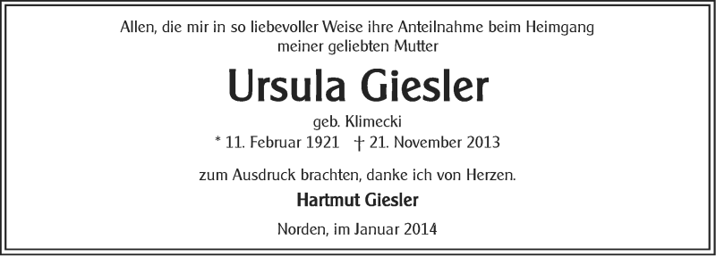  Traueranzeige für Ursula Giesler vom 11.01.2014 aus Ostfriesischer Kurier