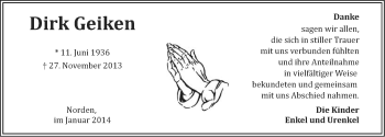 Traueranzeige von Dirk Geiken von Ostfriesischer Kurier