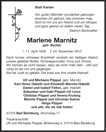 Traueranzeige von Marlene Marnitz von Ostfriesischer Kurier