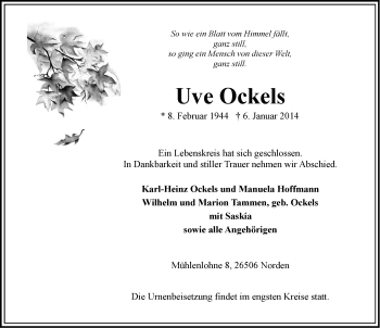 Traueranzeige von Uve Ockels von Ostfriesischer Kurier