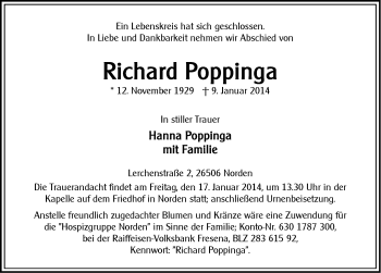 Traueranzeige von Richard Poppinga von Ostfriesischer Kurier