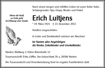 Traueranzeige von Erich Luitjens von Ostfriesischer Kurier