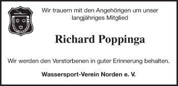 Traueranzeige von Richard Poppinga von Ostfriesischer Kurier