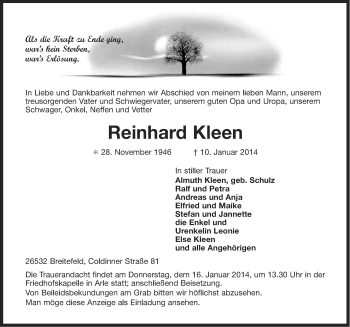 Traueranzeige von Reinhard Kleen von Ostfriesischer Kurier