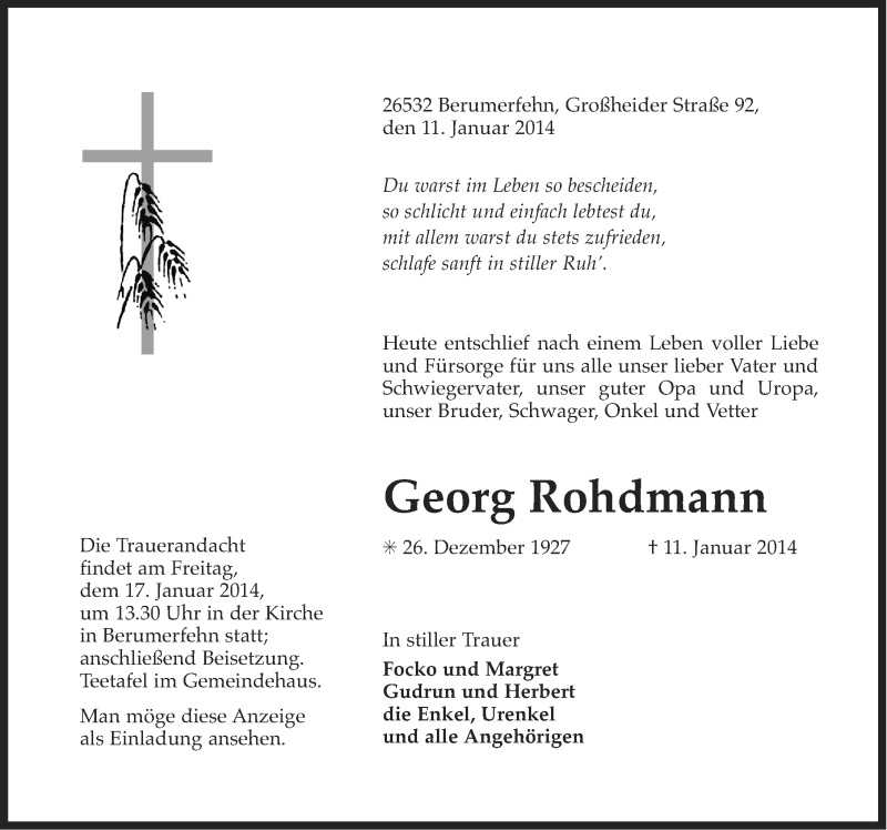  Traueranzeige für Georg Rohdmann vom 14.01.2014 aus Ostfriesischer Kurier