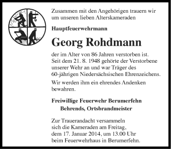 Traueranzeige von Georg Rohdmann von Ostfriesischer Kurier