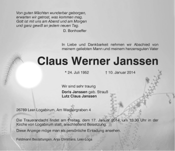 Traueranzeige von Claus Werner Janssen von Ostfriesischer Kurier