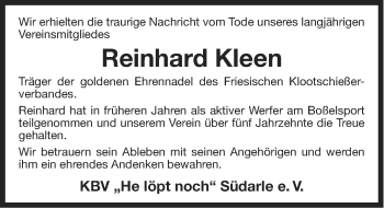 Traueranzeige von Reinhard Kleen von Ostfriesischer Kurier