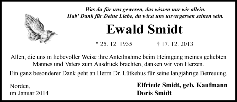 Traueranzeige für Ewald Smidt vom 25.01.2014 aus Ostfriesischer Kurier