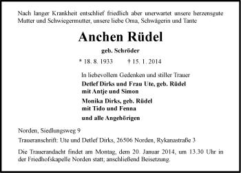 Traueranzeige von Anchen Rüdel von Ostfriesischer Kurier