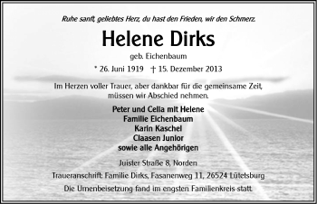 Traueranzeige von Helene Dirks von Ostfriesischer Kurier
