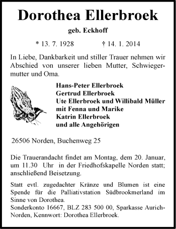 Traueranzeige von Dorothea Ellerbroek von Ostfriesischer Kurier