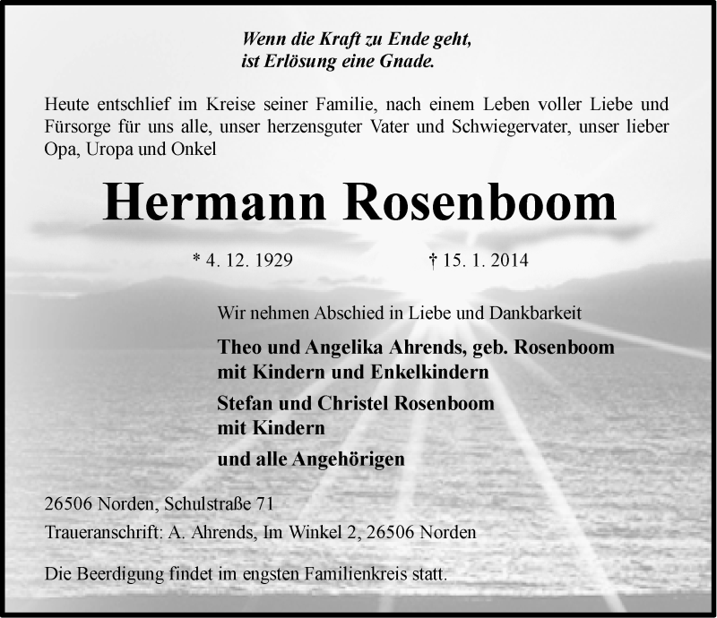  Traueranzeige für Hermann Rosenboom vom 17.01.2014 aus Ostfriesischer Kurier