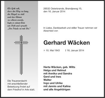 Traueranzeige von Gerhard WÃ¤cken von Ostfriesischer Kurier