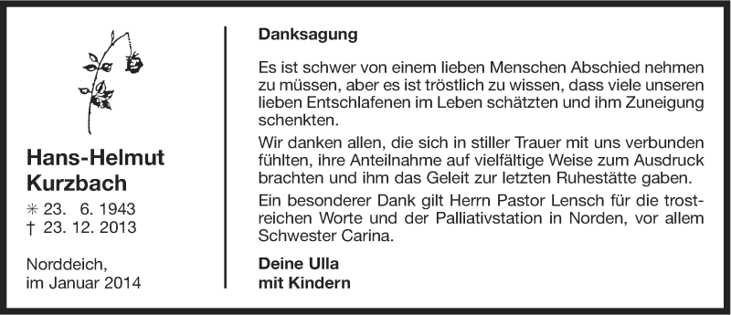  Traueranzeige für Hans-Helmut Kurzbach vom 25.01.2014 aus Ostfriesischer Kurier