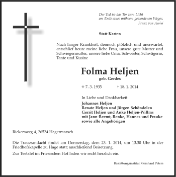 Traueranzeige von Folma Heljen von Ostfriesischer Kurier