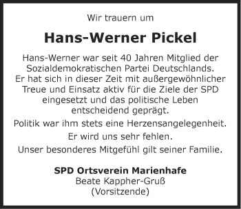 Traueranzeige von Hans-Werner Pickel von Ostfriesischer Kurier
