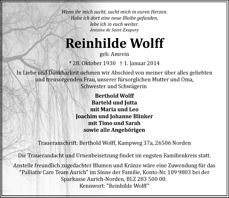  Traueranzeige für Reinhilde Wolff vom 21.01.2014 aus Ostfriesischer Kurier