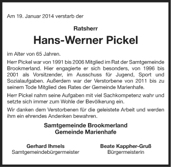 Traueranzeige von Hans-Werner Pickel von Ostfriesischer Kurier