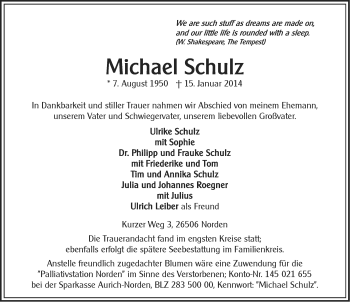 Traueranzeige von Michael Schulz von Ostfriesischer Kurier