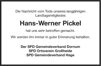 Traueranzeige von Hans-Werner Pickel von Ostfriesischer Kurier