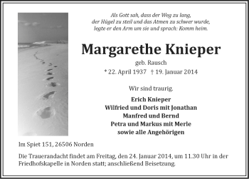 Traueranzeige von Margarethe Knieper von Ostfriesischer Kurier