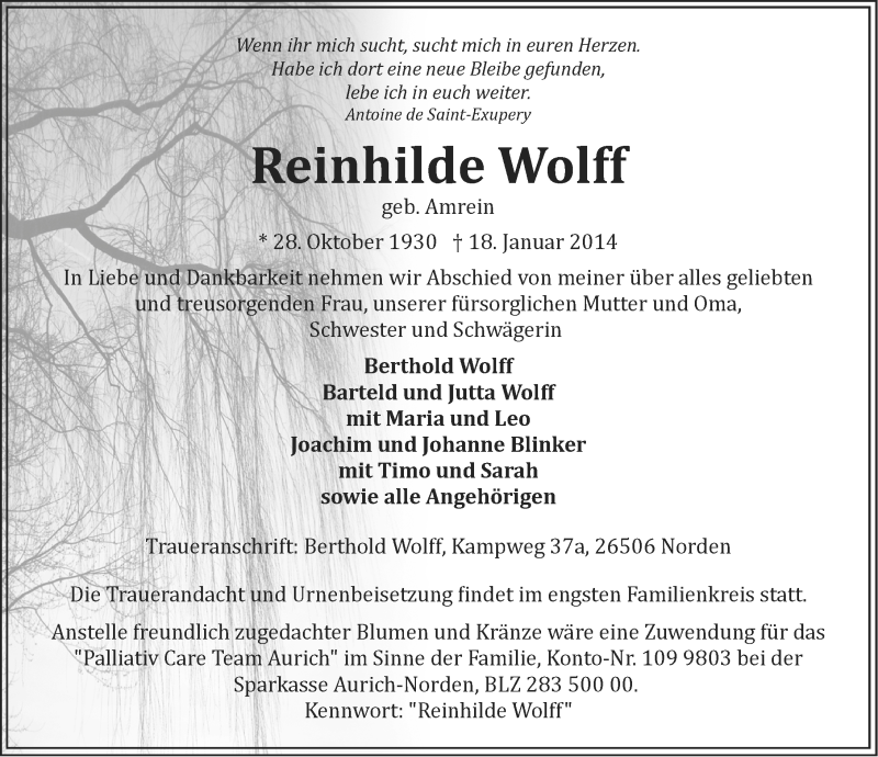  Traueranzeige für Reinhilde Wolff vom 22.01.2014 aus Ostfriesischer Kurier