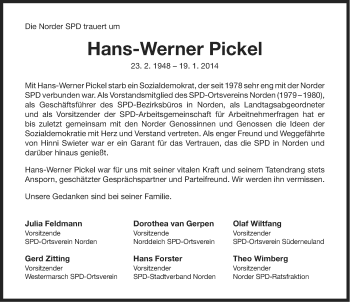 Traueranzeige von Hans-Werner Pickel von Ostfriesischer Kurier