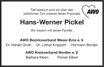 Traueranzeige von Hans-Werner Pickel von Ostfriesischer Kurier