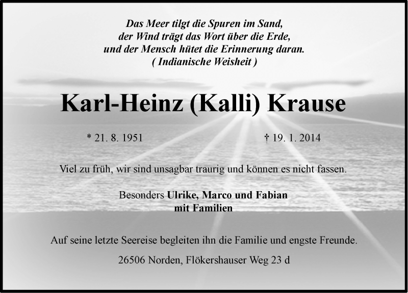  Traueranzeige für Karl-Heinz Krause vom 22.01.2014 aus Ostfriesischer Kurier