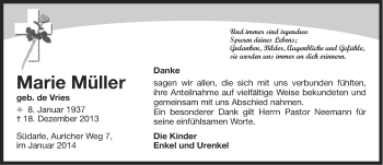 Traueranzeige von Marie Mülller von Ostfriesischer Kurier