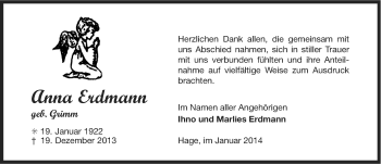 Traueranzeige von Anna Erdmann von Ostfriesischer Kurier