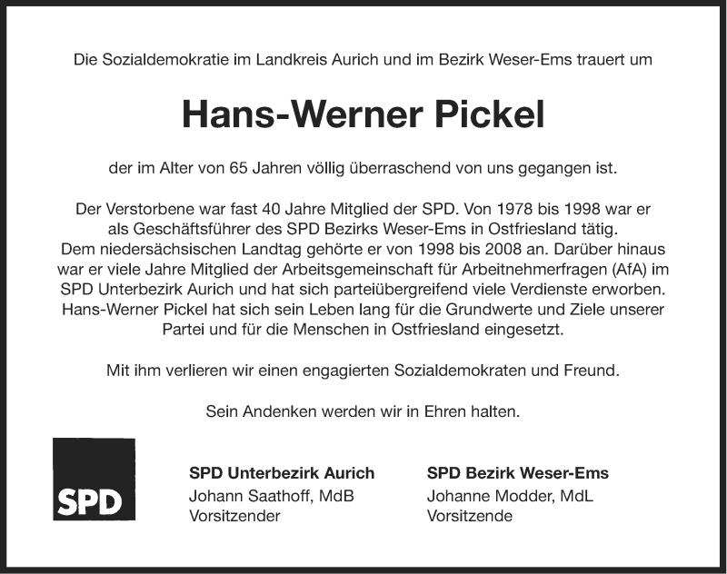 Traueranzeige für Hans-Werner Pickel vom 23.01.2014 aus Ostfriesischer Kurier